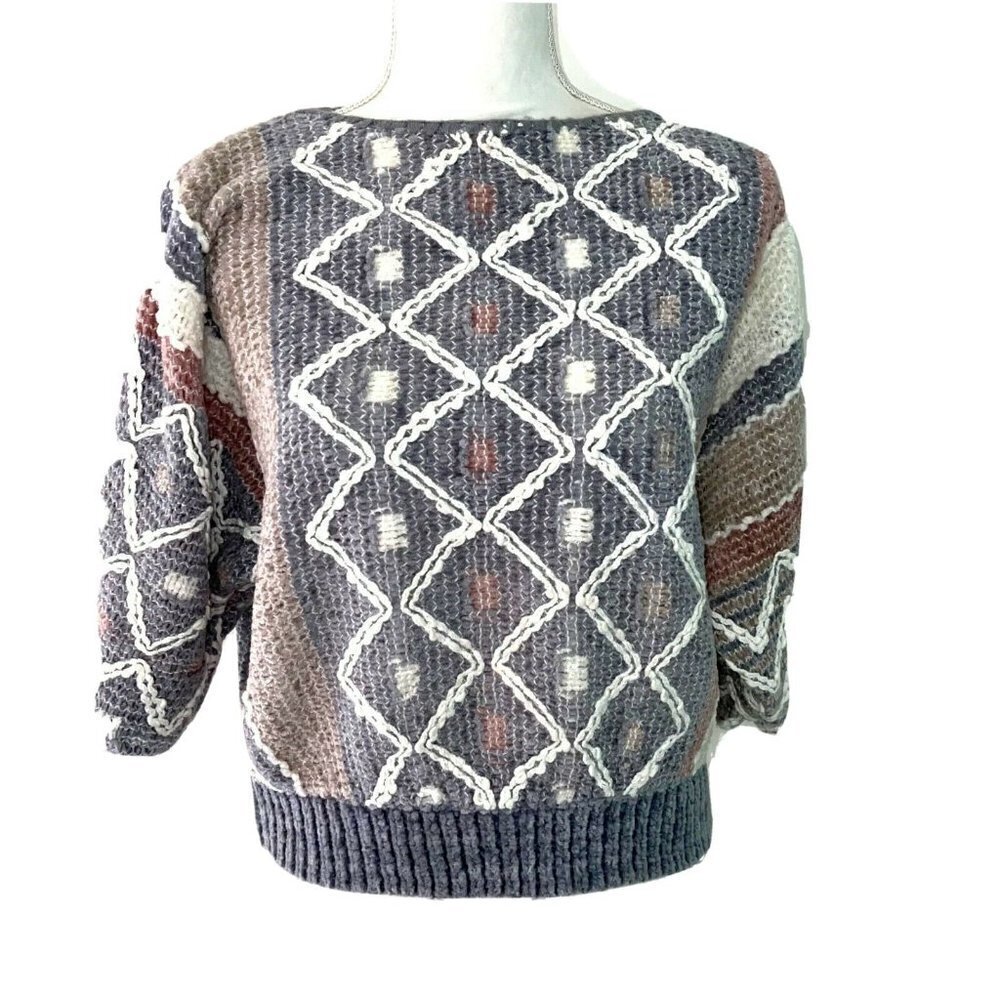 Donagain Sweater Womens Medium M Vintage Chenille Knit Acrylic Purple Off White